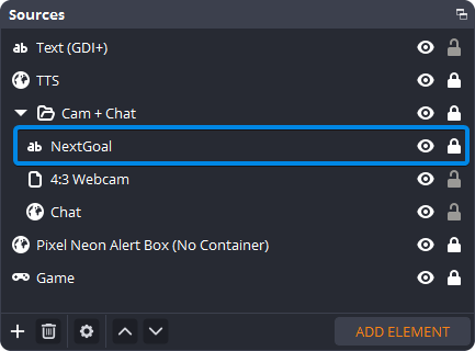 OBS sources panel with a NextGoal text source